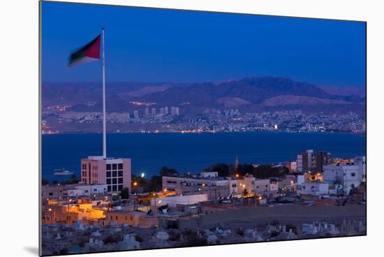 High angle view of Port of Aqaba and Flag of Jordan at sunrise, Aqaba, Jordan-null-Mounted Photographic Print