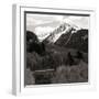 High angle view of road winding up the side of a hill with mountains in the distance-null-Framed Photographic Print