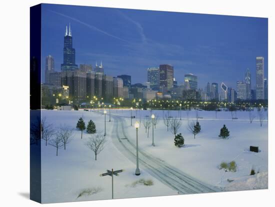 High Angle View of Snow Covered Landscape with Buildings in the Background, Chicago, Illinois, USA-null-Stretched Canvas