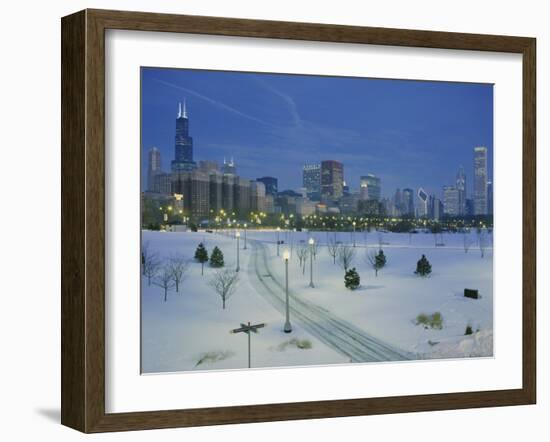 High Angle View of Snow Covered Landscape with Buildings in the Background, Chicago, Illinois, USA-null-Framed Photographic Print