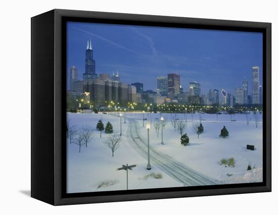 High Angle View of Snow Covered Landscape with Buildings in the Background, Chicago, Illinois, USA-null-Framed Stretched Canvas