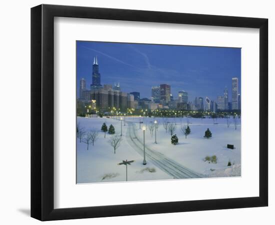 High Angle View of Snow Covered Landscape with Buildings in the Background, Chicago, Illinois, USA-null-Framed Photographic Print