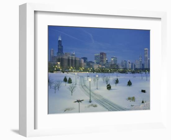 High Angle View of Snow Covered Landscape with Buildings in the Background, Chicago, Illinois, USA-null-Framed Photographic Print