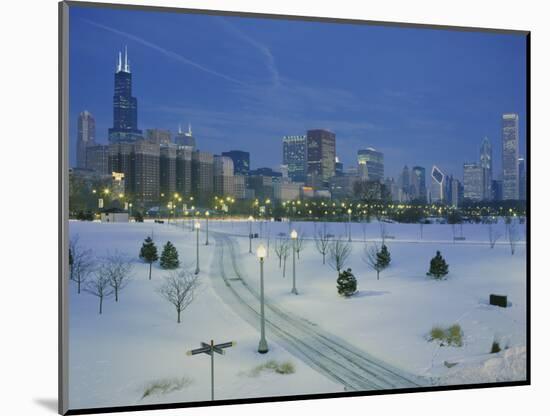 High Angle View of Snow Covered Landscape with Buildings in the Background, Chicago, Illinois, USA-null-Mounted Photographic Print