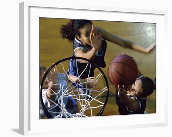 High Angle View of Teenage Girls Playing Basketball-null-Framed Photographic Print