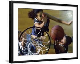 High Angle View of Teenage Girls Playing Basketball-null-Framed Photographic Print