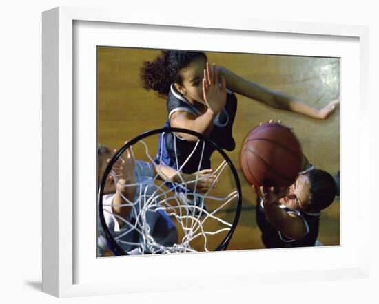 High Angle View of Teenage Girls Playing Basketball-null-Framed Photographic Print