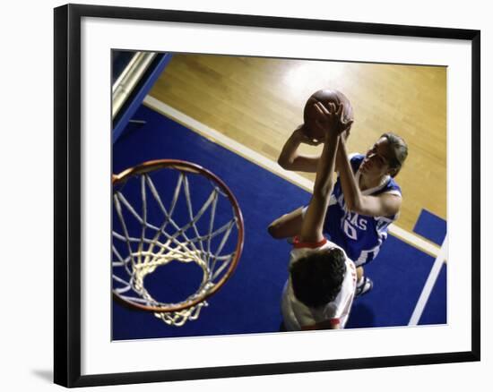 High Angle View of Two Young Women Playing Basketball-null-Framed Photographic Print