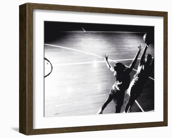 High Angle View of Two Young Women Playing Basketball-null-Framed Photographic Print