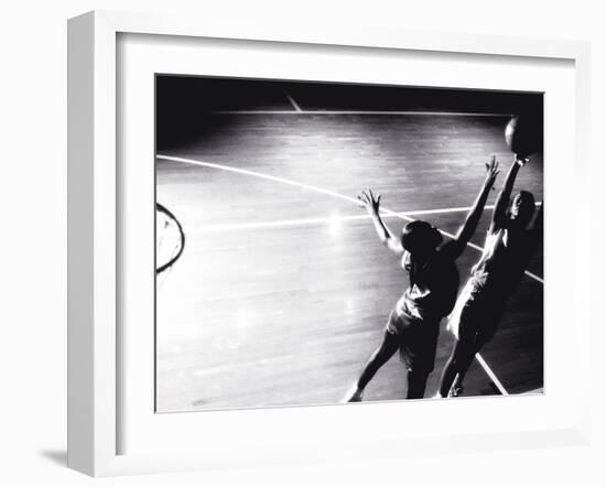 High Angle View of Two Young Women Playing Basketball-null-Framed Photographic Print