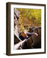 High Angle View of Young Woman Rock Climbing-null-Framed Photographic Print