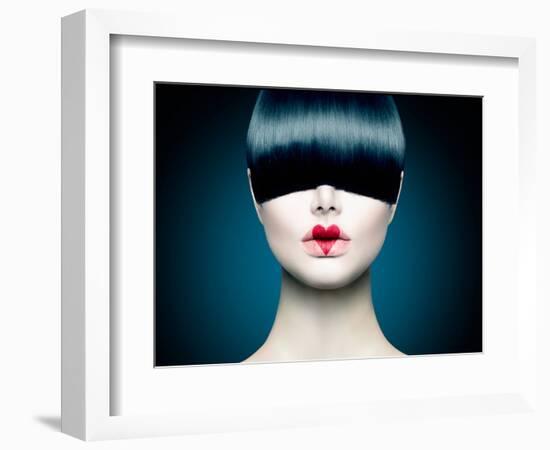 High Fashion Model Girl Portrait with Trendy Fringe Hair Style and Red Heart Lips Makeup. Long Blac-Subbotina Anna-Framed Photographic Print