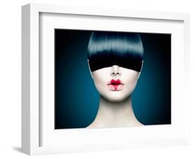 High Fashion Model Girl Portrait with Trendy Fringe Hair Style and Red Heart Lips Makeup. Long Blac-Subbotina Anna-Framed Photographic Print