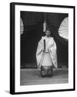 High Priest Matsutaro Suzuki Standing Outside Inari Shrine-Dmitri Kessel-Framed Photographic Print