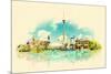 High Resolution Watercolor Panoramic City TORONTO City Illustration-trentemoller-Mounted Art Print