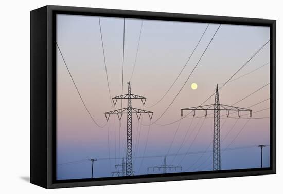 High-Tension Line, Moon, Dusk, Bavaria, Germany-Raimund Linke-Framed Stretched Canvas