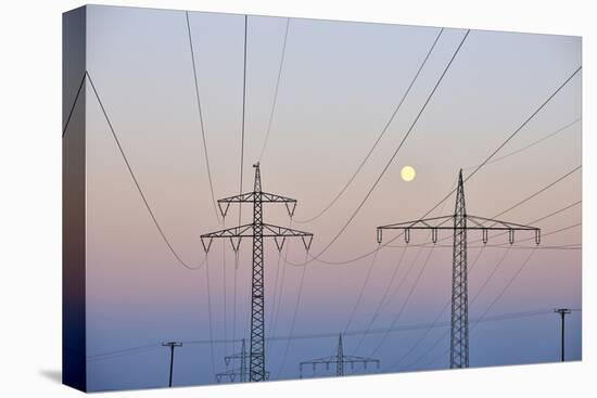 High-Tension Line, Moon, Dusk, Bavaria, Germany-Raimund Linke-Stretched Canvas