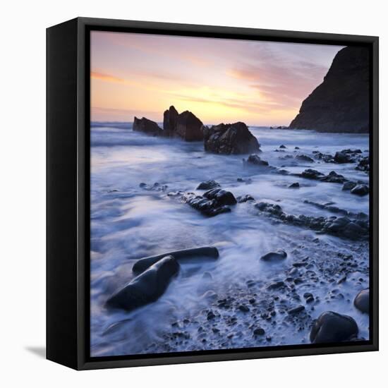 High Tide on Duckpool Beach at Sunset, North Cornwall, England. Spring-Adam Burton-Framed Stretched Canvas