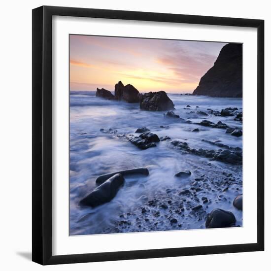 High Tide on Duckpool Beach at Sunset, North Cornwall, England. Spring-Adam Burton-Framed Photographic Print