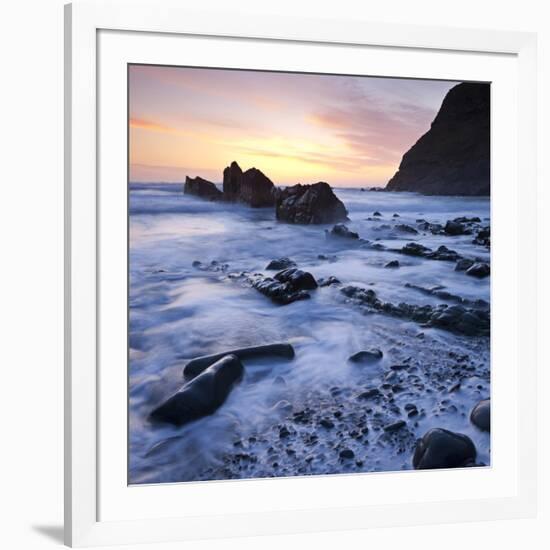 High Tide on Duckpool Beach at Sunset, North Cornwall, England. Spring-Adam Burton-Framed Photographic Print