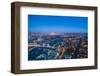 High view of London skyline at dusk along the River Thames from Tower Bridge to Canary Wharf, Londo-Fraser Hall-Framed Photographic Print