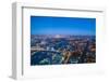 High view of London skyline at dusk along the River Thames from Tower Bridge to Canary Wharf, Londo-Fraser Hall-Framed Photographic Print