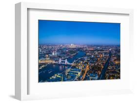 High view of London skyline at dusk along the River Thames from Tower Bridge to Canary Wharf, Londo-Fraser Hall-Framed Photographic Print