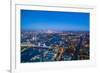 High view of London skyline at dusk along the River Thames from Tower Bridge to Canary Wharf, Londo-Fraser Hall-Framed Photographic Print