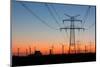 High Voltage Power Lines with Electricity Pylons at Twilight. at the Horizon Wind Turbines and a Nu-Thorsten Schier-Mounted Photographic Print