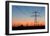 High Voltage Power Lines with Electricity Pylons at Twilight. at the Horizon Wind Turbines and a Nu-Thorsten Schier-Framed Photographic Print