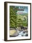 Highlands, North Carolina - Bear Family and Creek-Lantern Press-Framed Art Print