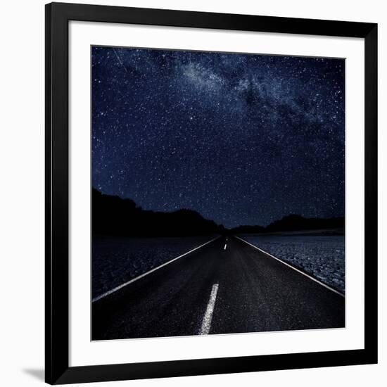 Highway And Starry Night In Desert-null-Framed Art Print