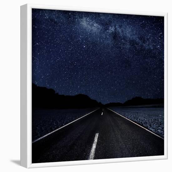 Highway And Starry Night In Desert-null-Framed Art Print