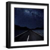 Highway And Starry Night In Desert-null-Framed Art Print