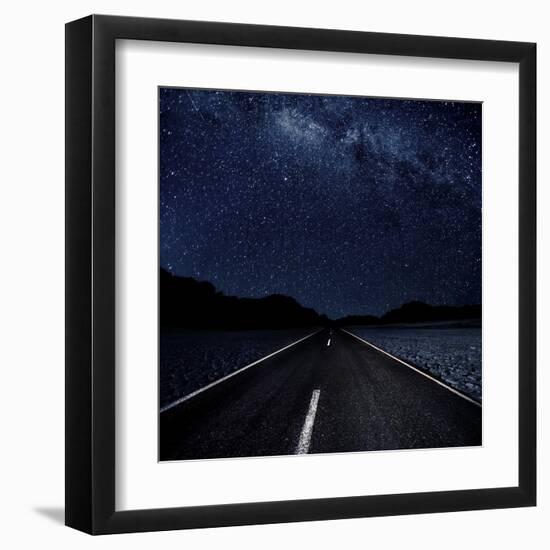 Highway And Starry Night In Desert-null-Framed Art Print