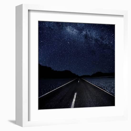 Highway And Starry Night In Desert-null-Framed Art Print