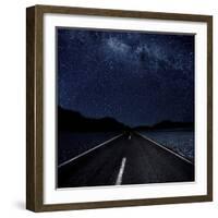 Highway And Starry Night In Desert-null-Framed Art Print