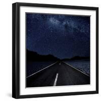 Highway And Starry Night In Desert-null-Framed Art Print