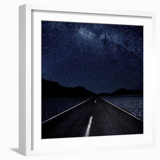 Highway And Starry Night In Desert-null-Framed Premium Giclee Print