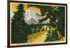 Highway approaching sunrise, Rainier National Park - Rainier National Park-Lantern Press-Framed Art Print