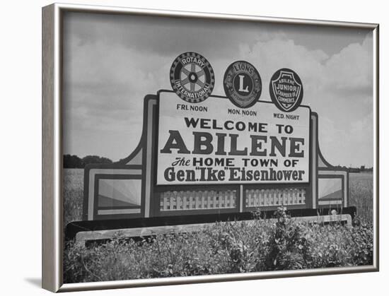 Highway Sign Welcoming Tourists to the Home Town of General Dwight D. Eisenhower-Myron Davis-Framed Photographic Print