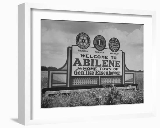 Highway Sign Welcoming Tourists to the Home Town of General Dwight D. Eisenhower-Myron Davis-Framed Photographic Print