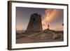 Hiker Admires Sunset from the Stone Tower Overlooking the Bay, Porto Giunco, Villasimius-Roberto Moiola-Framed Photographic Print