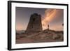 Hiker Admires Sunset from the Stone Tower Overlooking the Bay, Porto Giunco, Villasimius-Roberto Moiola-Framed Photographic Print