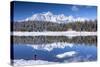 Hiker Admires the Snowy Peaks and Woods Reflected in Lake Palu, Malenco Valley, Valtellina, Italy-Roberto Moiola-Stretched Canvas