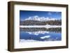 Hiker Admires the Snowy Peaks and Woods Reflected in Lake Palu, Malenco Valley, Valtellina, Italy-Roberto Moiola-Framed Photographic Print