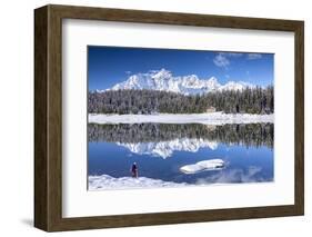 Hiker Admires the Snowy Peaks and Woods Reflected in Lake Palu, Malenco Valley, Valtellina, Italy-Roberto Moiola-Framed Photographic Print