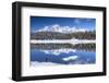 Hiker Admires the Snowy Peaks and Woods Reflected in Lake Palu, Malenco Valley, Valtellina, Italy-Roberto Moiola-Framed Photographic Print