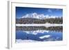 Hiker Admires the Snowy Peaks and Woods Reflected in Lake Palu, Malenco Valley, Valtellina, Italy-Roberto Moiola-Framed Photographic Print