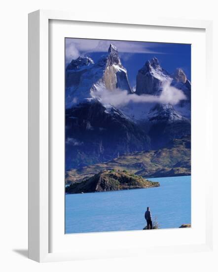 Hiker and Cuernos del Paine, Torres del Paine National Park, Chile-Art Wolfe-Framed Photographic Print